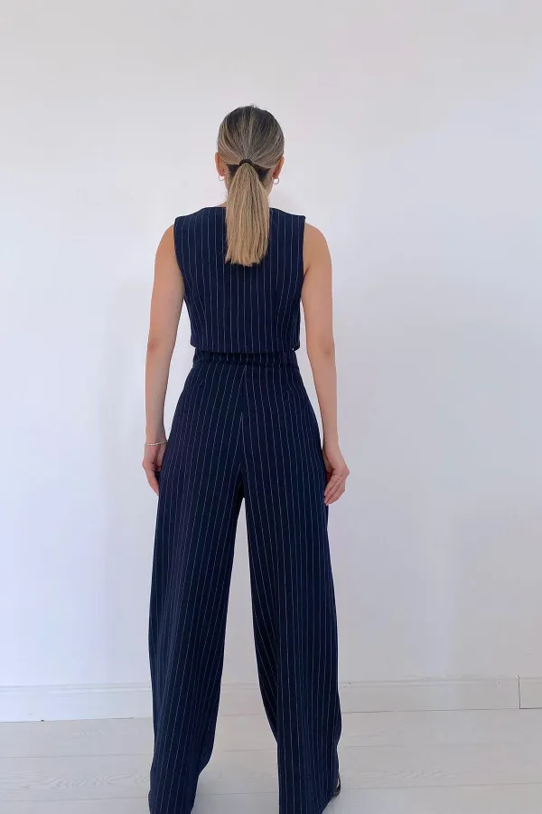 Wholesale Navy Blue Striped Jacket & Vest and Trouser Set