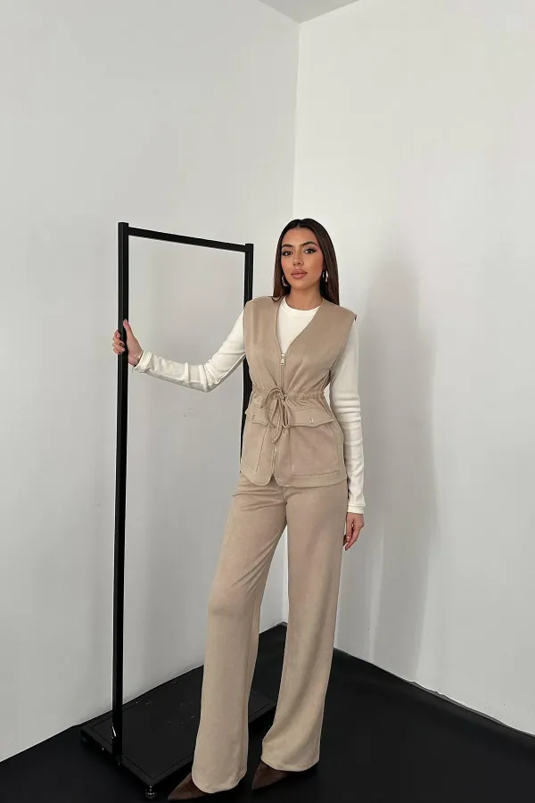 Ensemble gilet et pantalon en daim beige en vente en gros