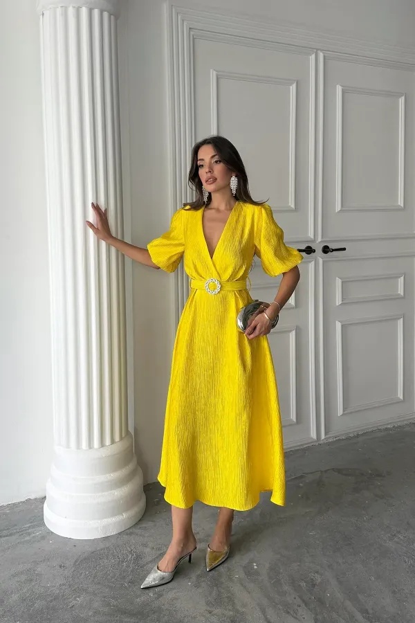 Toptan Sarı Işıltılı Kemerli Kruvaze Elbise