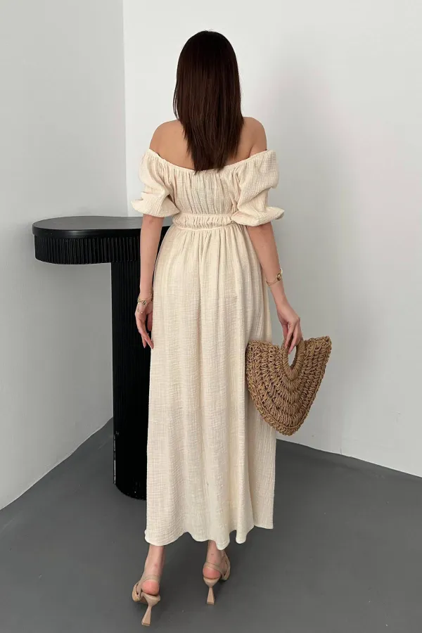 Toptan Bej Yakası Büzgülü Müslin Keten Elbise