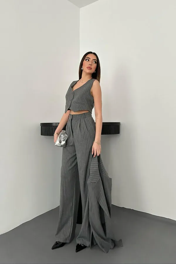 Ensemble veste, gilet et pantalon rayés gris en gros