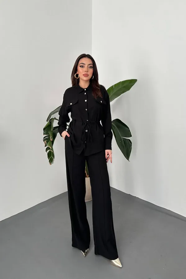 Toptan Siyah Düğme Detaylı Gömlek Ve Nervürlü Pantolon
