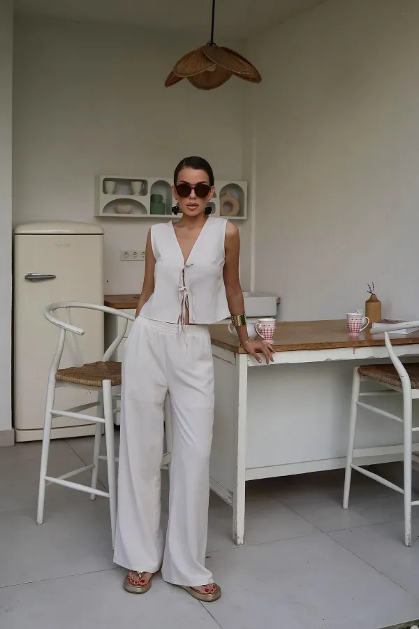 Costume en lin beige avec nœud sur le devant, vente en gros