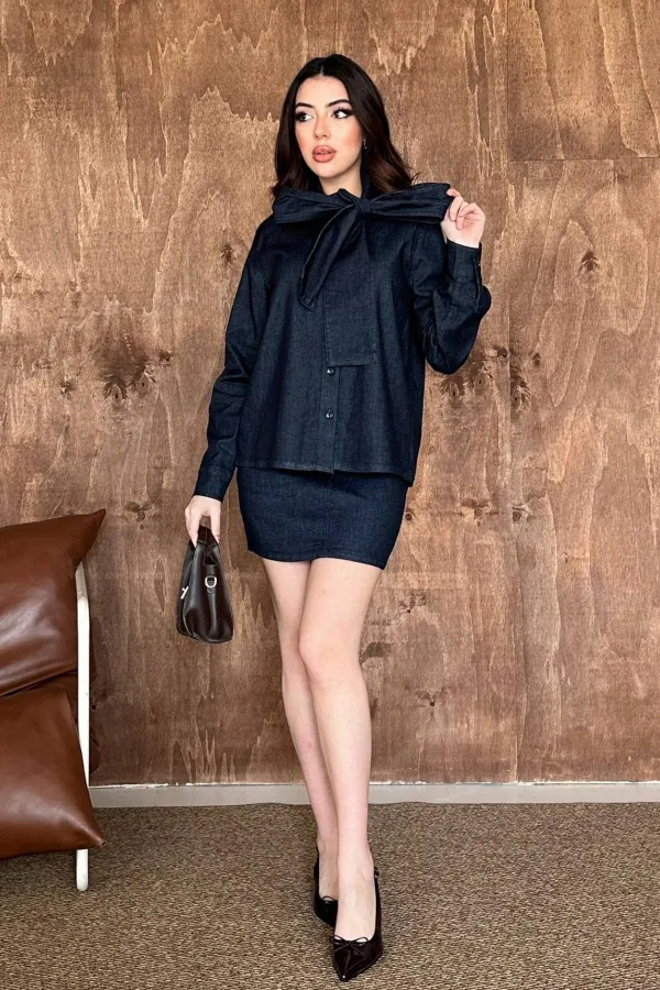 Toptan Mavi Fularlı Gömlekli Etek Takım