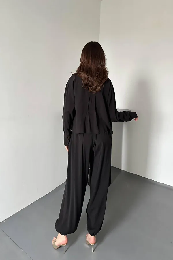 Toptan Siyah Gipe Detaylı Üçlü Takım