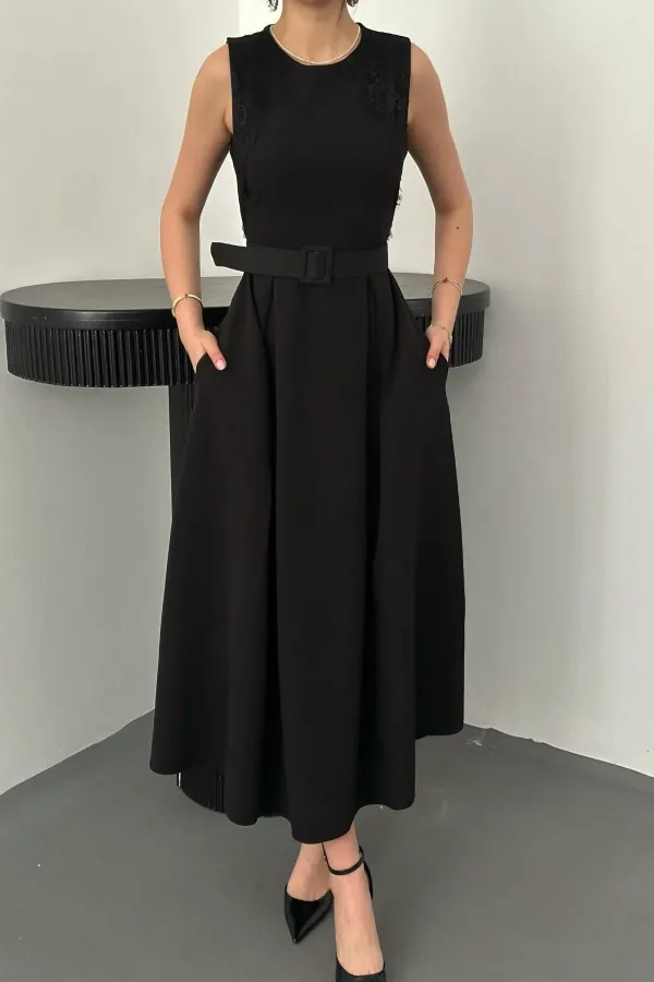 Toptan Siyah Kolevi Dantelli Elbise