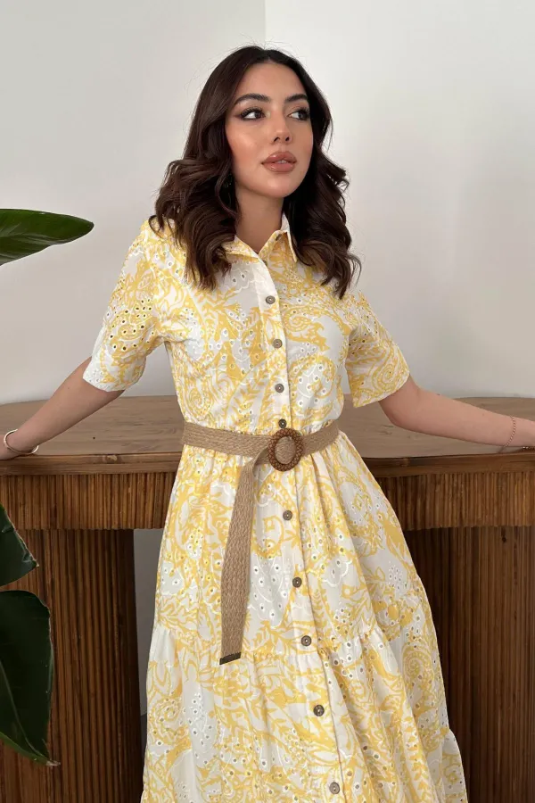 Wholesale Yellow Embroidered Lace-Up Sleeve Dress