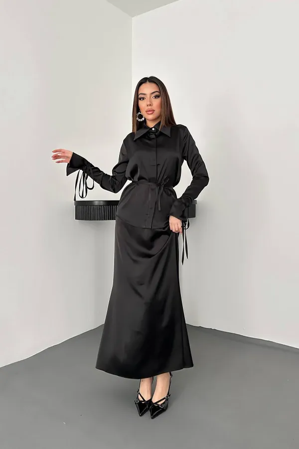 Toptan Siyah Biyeli Gömlek Ve Etek Takım