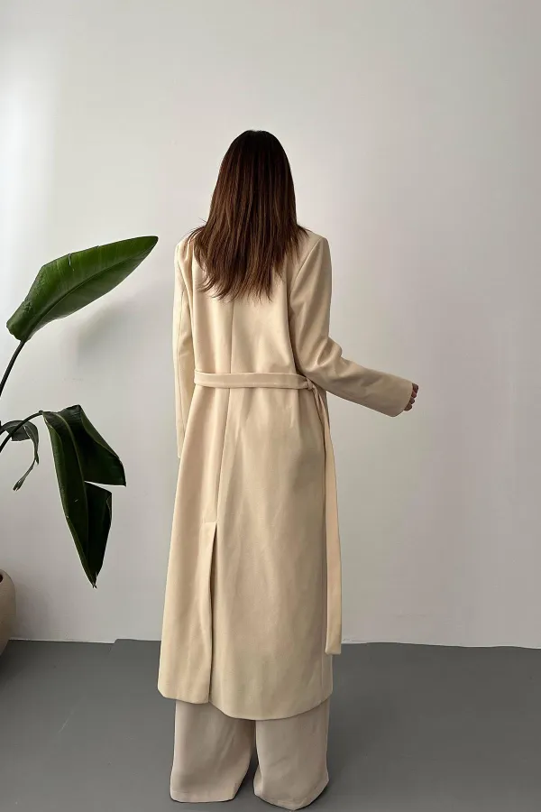 Toptan Bej Kuşaklı Midi Kaban