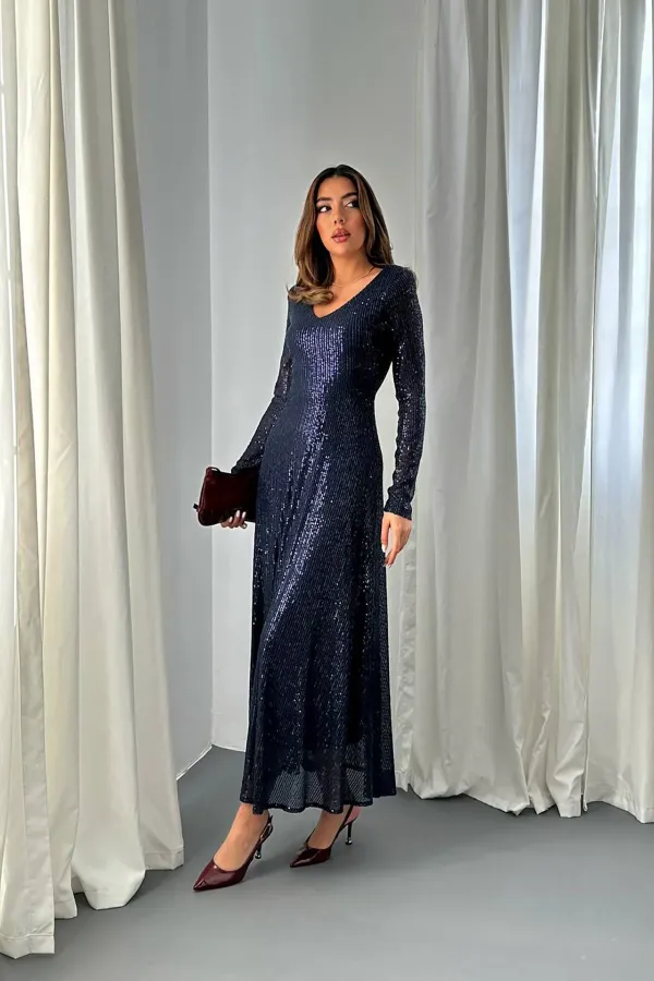 Toptan Lacivert Sırt Dekolteli Pulpayet Elbise