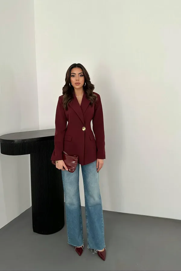 Toptan Bordo Belden Oturtmalı Blazer Ceket