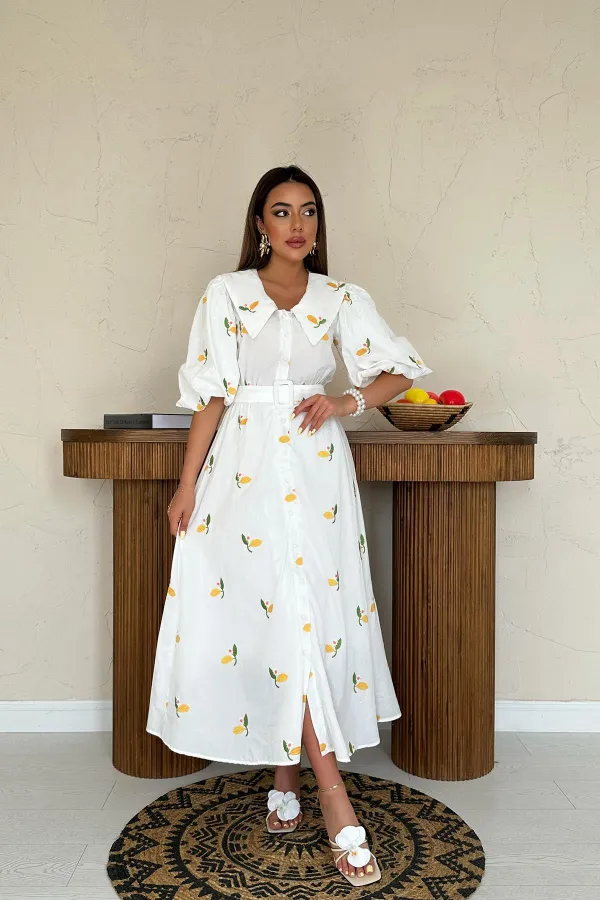 Toptan Pembe Yakası Çiçek Motifli Kemerli Elbise