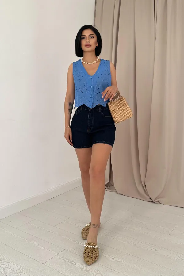 Toptan Mavi Sıfır Kol Brode Bluz