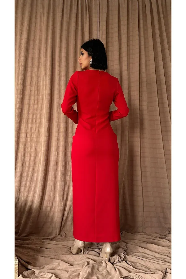 Robe longue fendue plissée rouge en gros