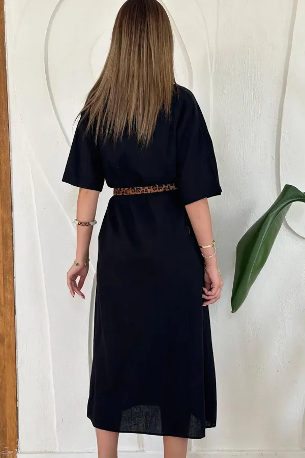 Robe à manches courtes en lin noir en gros