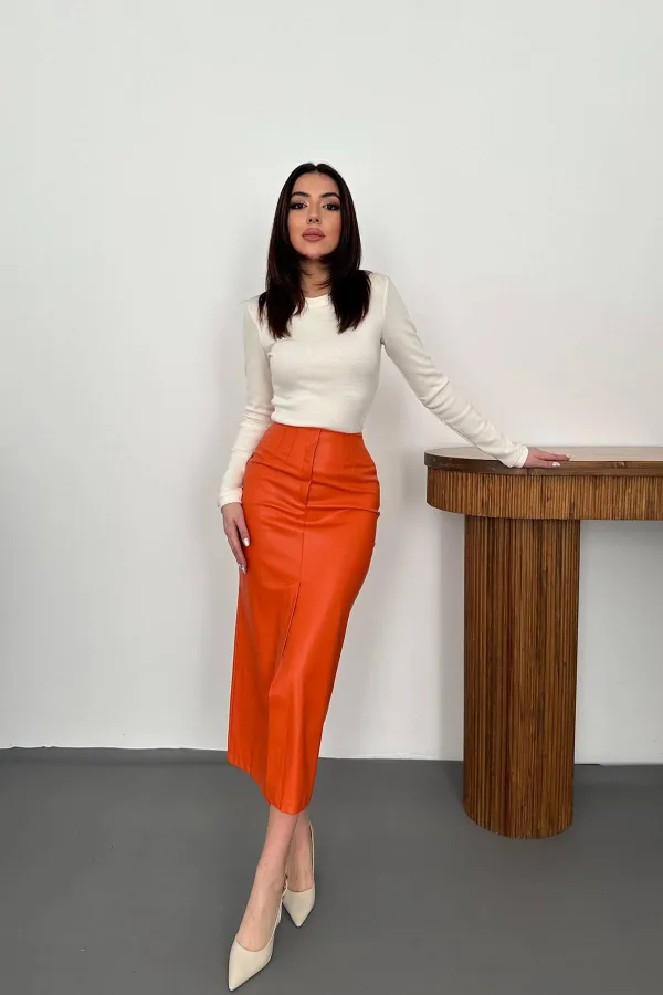 Toptan Oranj Yırtmaçlı Süs Patlı Etek