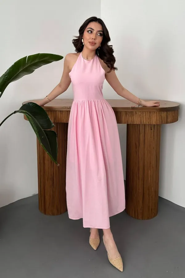 Toptan Pembe Arkası Gipeli Keten Elbise