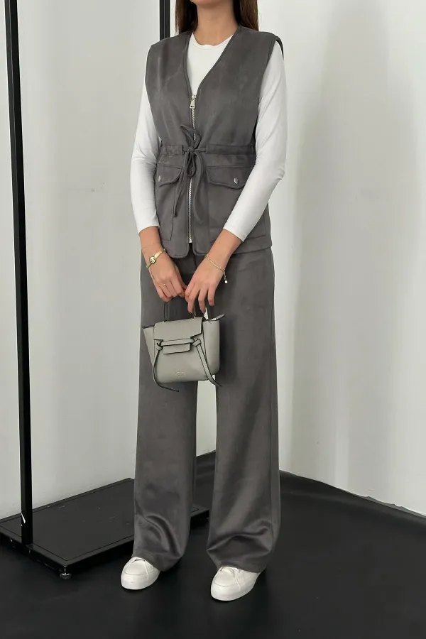 Ensemble gilet et pantalon en daim gris en vente en gros