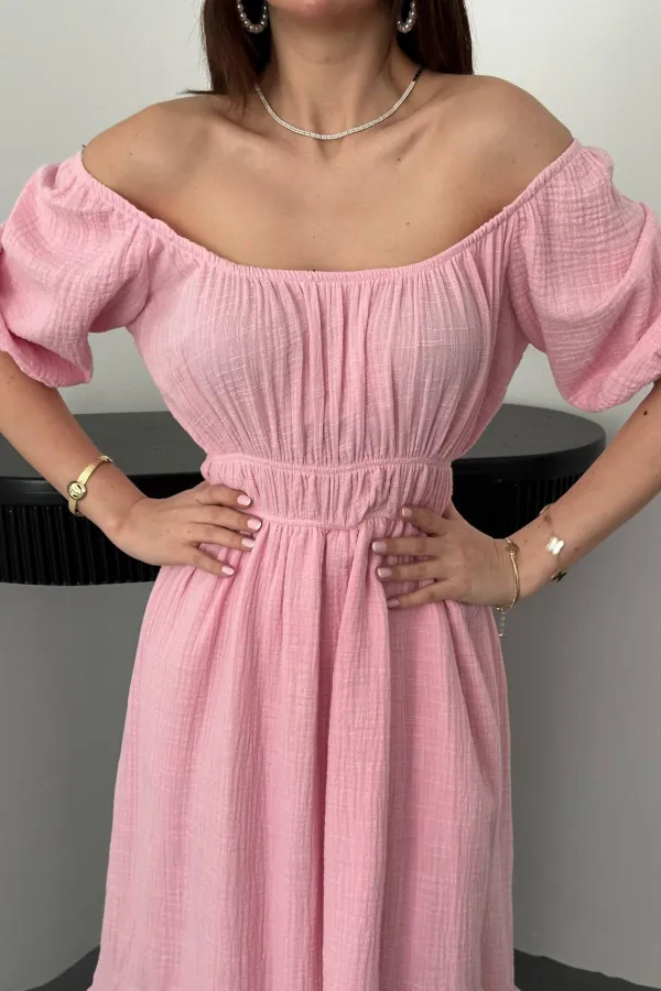 Robe en mousseline de lin rose à col froncé, vente en gros