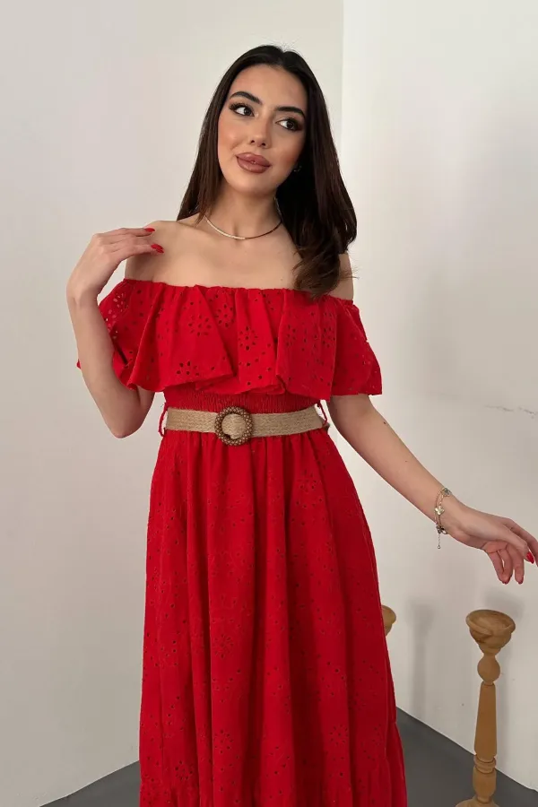 Wholesale Red Elastic Shoulder Embroidered Dress