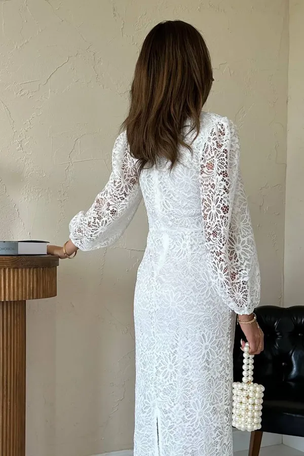 Toptan Beyaz Güpür Detaylı Dantel Elbise
