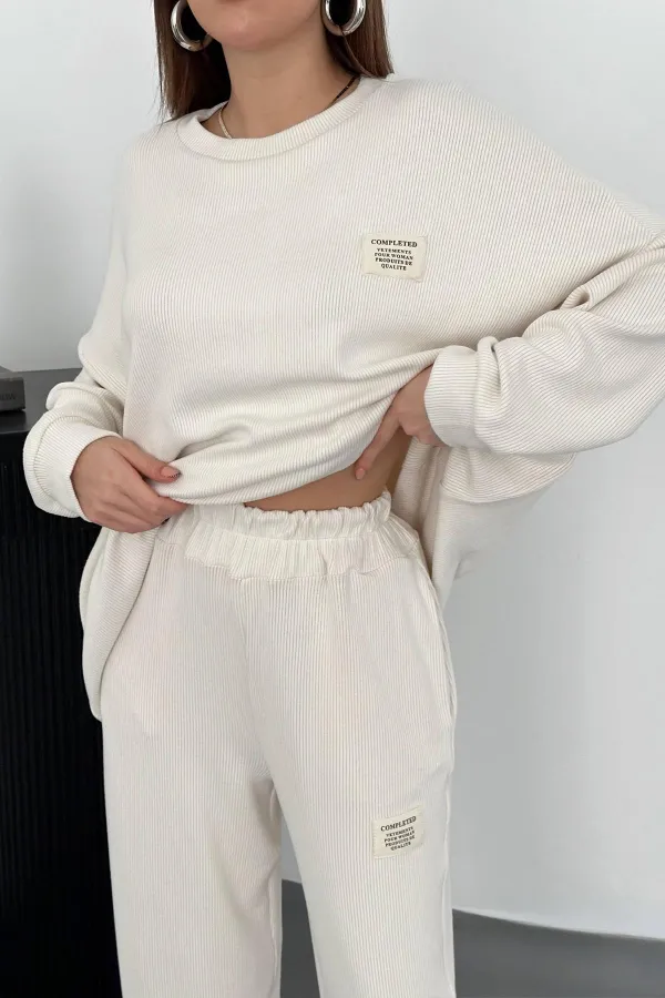 Toptan Ekru Klasik Fitilli Kazak Ve Pantolon Takım