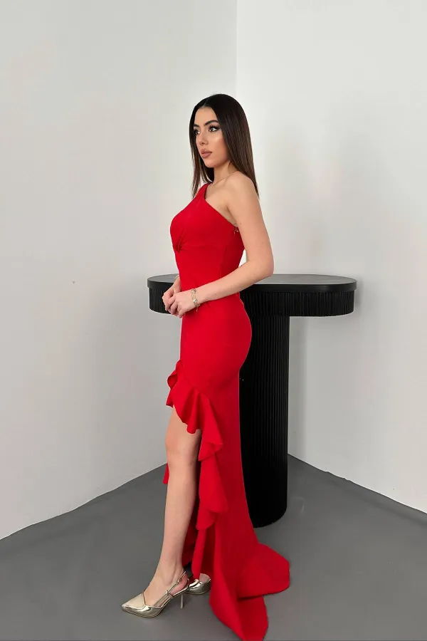 Robe rouge à volants fendue en gros