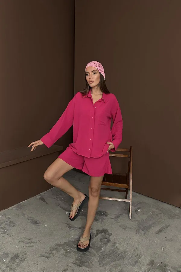 Toptan Fuşya Alaçatı Keten Takım