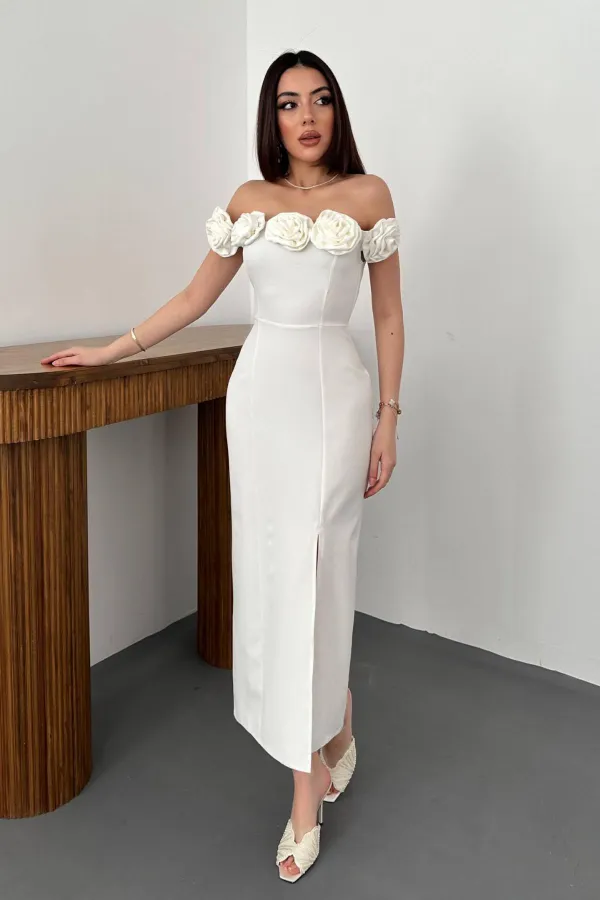 Toptan Beyaz Madonna Yaka Güllü Elbise