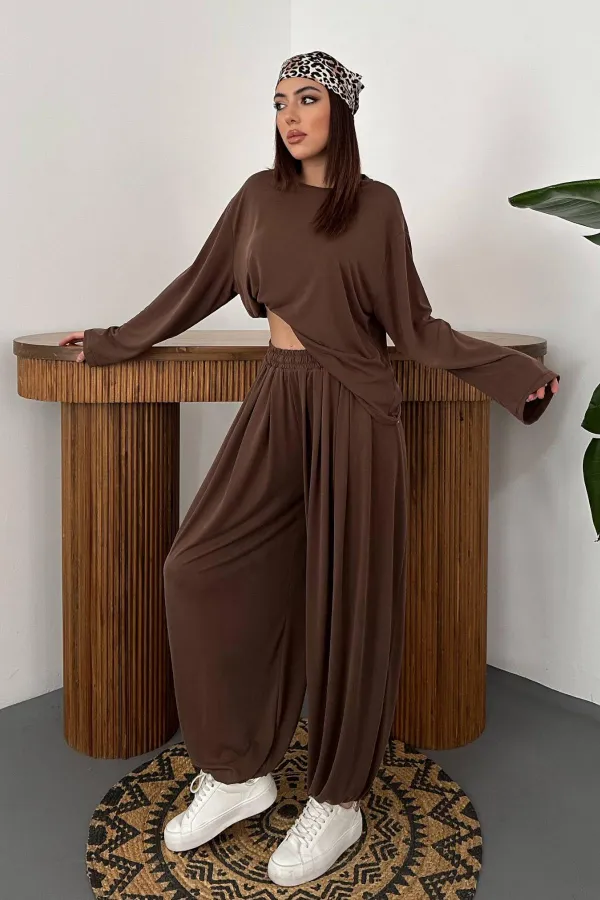 Ensemble haut et bas marron à manches longues en gros