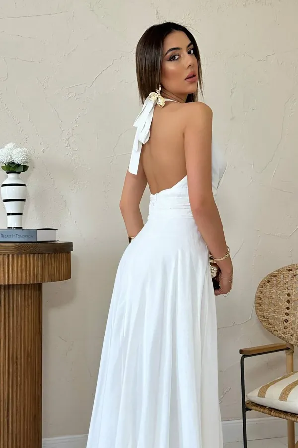 Toptan Beyaz Askılı Keten Elbise