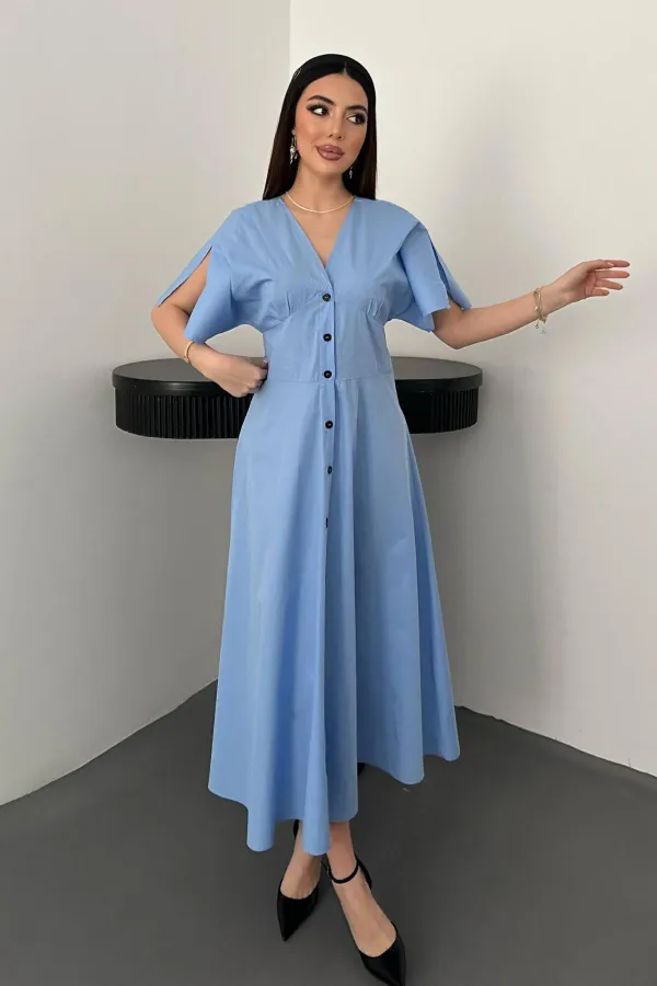 Toptan Mavi Düğmeli Midi Boy Poplin Elbise