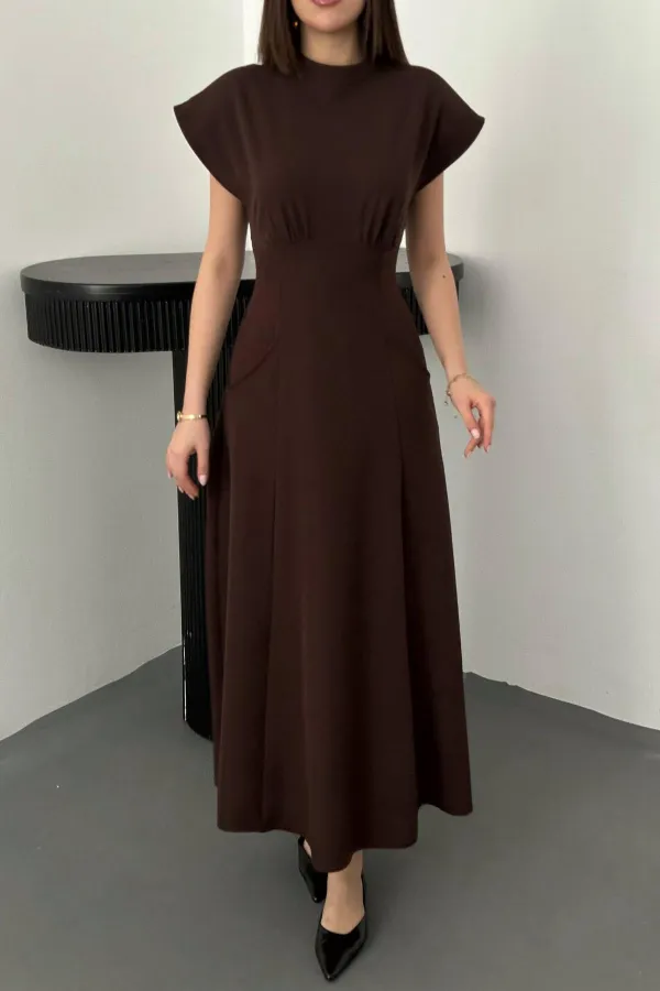 Toptan Kahverengi Göğüs Büzgülü Elbise
