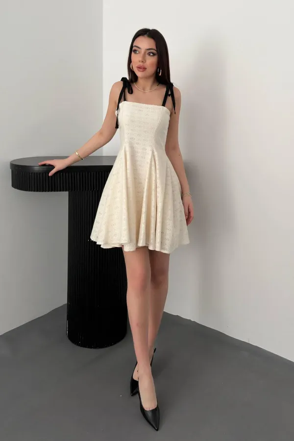 Toptan Bej Omzu Bağcıklı Elbise