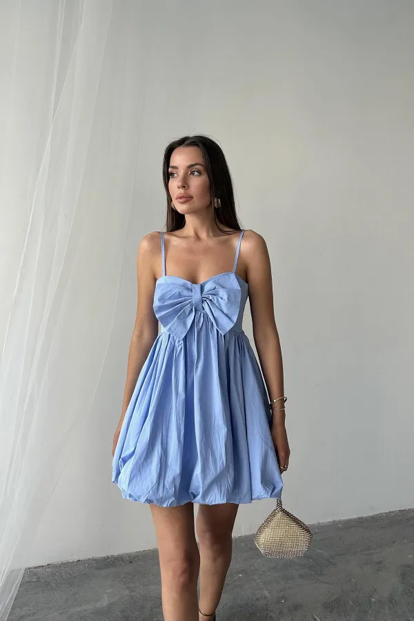 Toptan Mavi Önü Fiyonklu Askılı Elbise