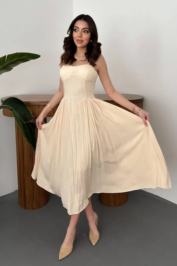 Toptan Bej Göğüs Kuplu Uzun Büzgülü Elbise