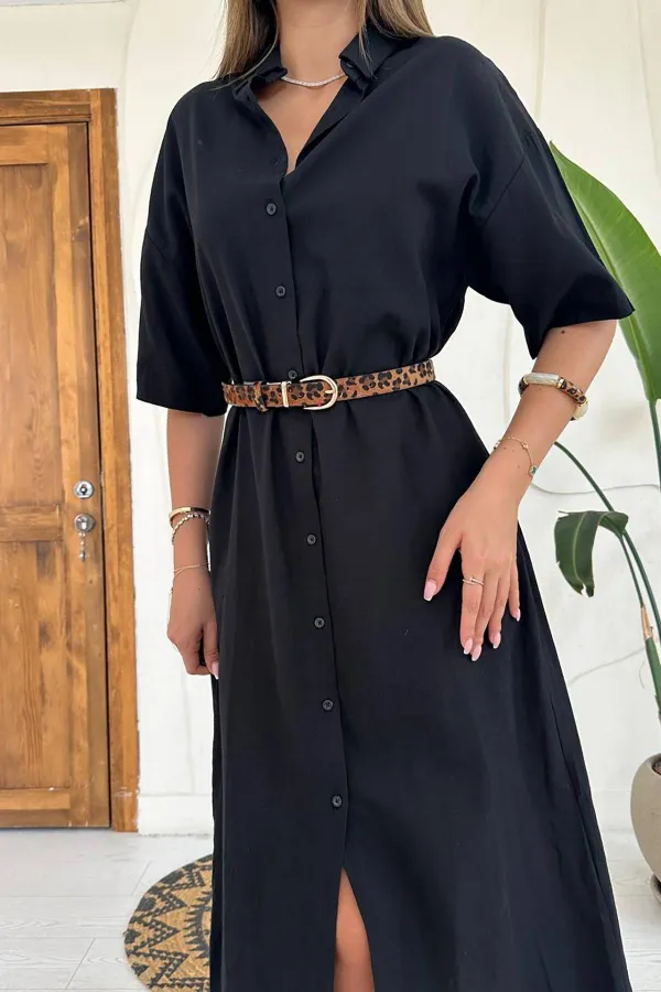 Robe à manches courtes en lin noir en gros