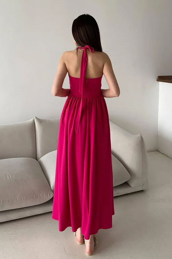 Robe en lin fuchsia à col licou en gros