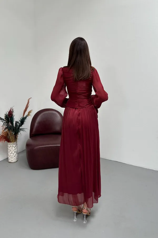 Toptan Bordo Büzgü Detaylı Manşeti Kuşaklı Elbise