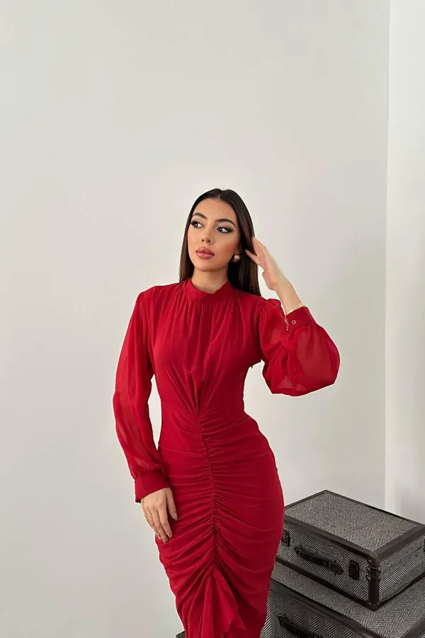 Robe en mousseline plissée rouge en gros