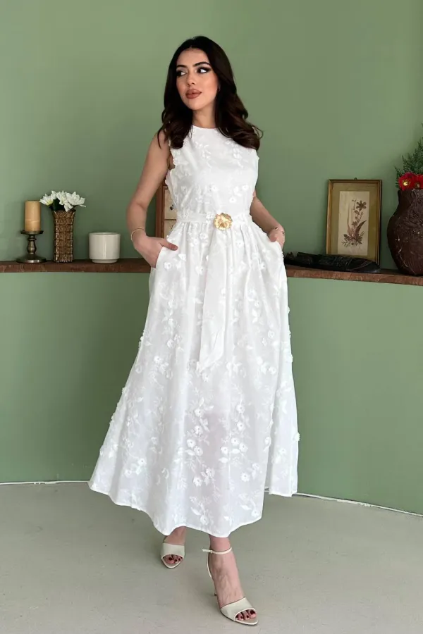 Wholesale White Dress with 3D Embroidered Details