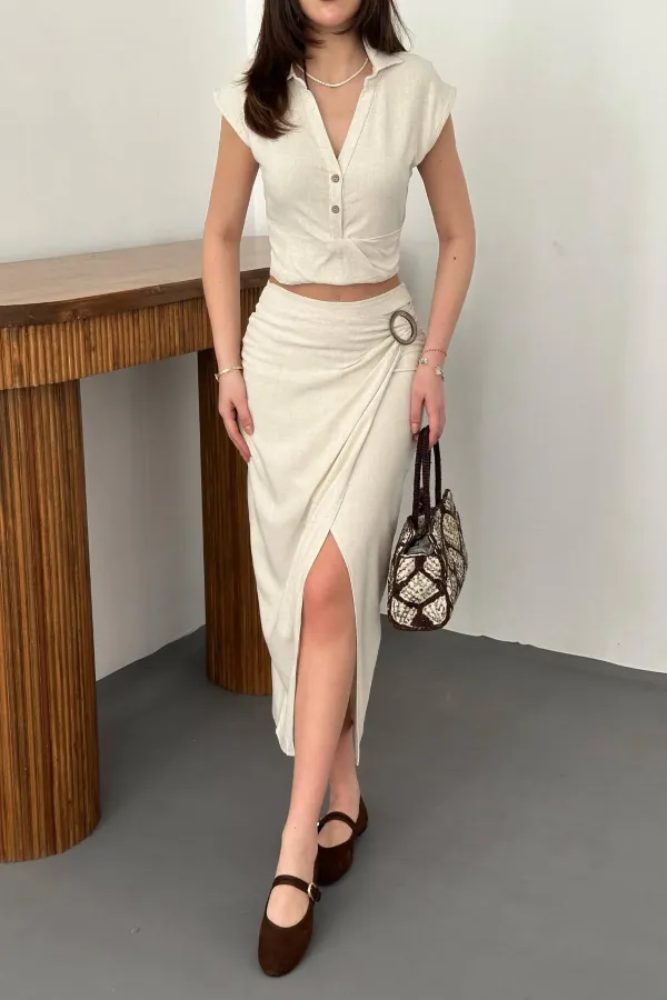 Toptan Bej Keten Gömlek Ve Etek Takım