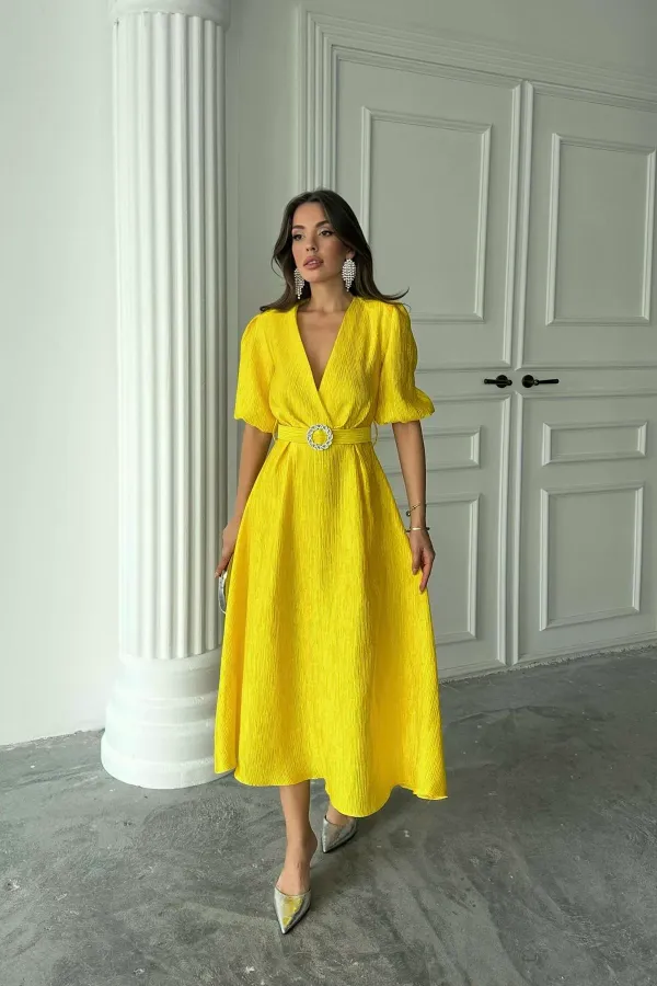 Toptan Sarı Işıltılı Kemerli Kruvaze Elbise