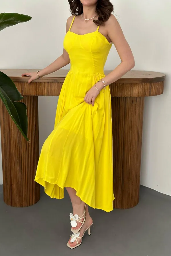 Toptan Sarı Göğüs Kuplu Uzun Büzgülü Elbise