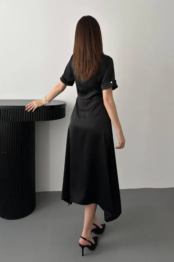 Toptan Siyah Fular Detaylı Saten Elbise