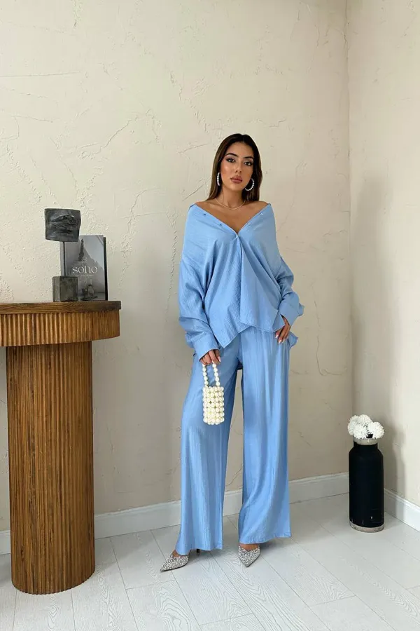 Ensemble chemise et pantalon ample bleu Alice en gros