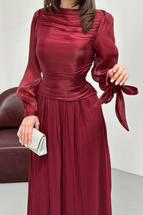 Toptan Bordo Büzgü Detaylı Manşeti Kuşaklı Elbise