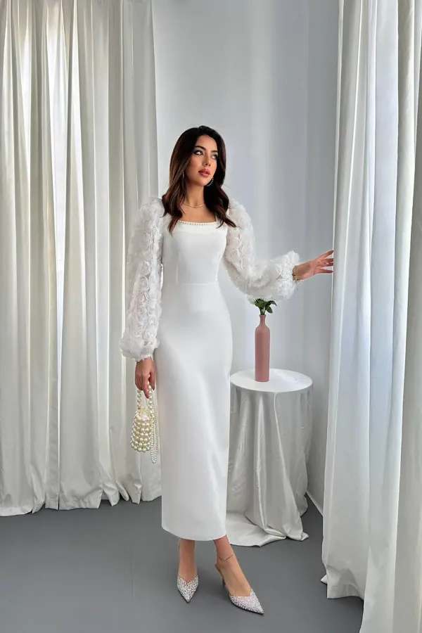 Wholesale Ecru Floral Sleeved Atlas Dress