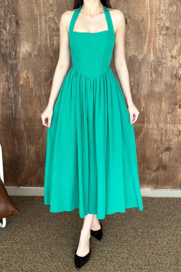 Toptan Yeşil Boyundan Bağlamalı Keten Elbise