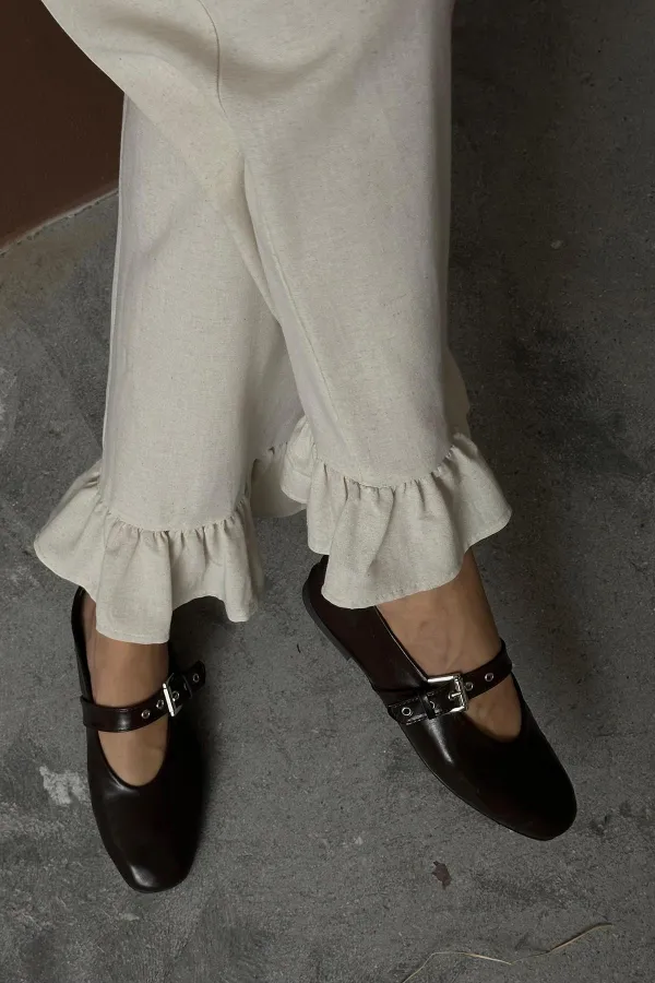 Toptan Bej Paçası Fırfırlı Keten Pantolon